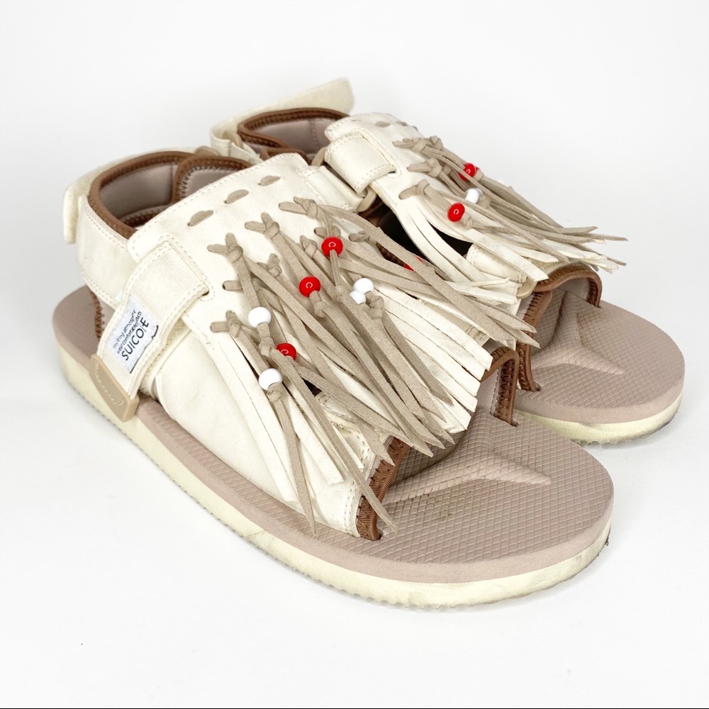 Suicoke WAS-4Ab Sandals Cream Beaded Tassel Off White Unisex Faux Suede Size 7/9